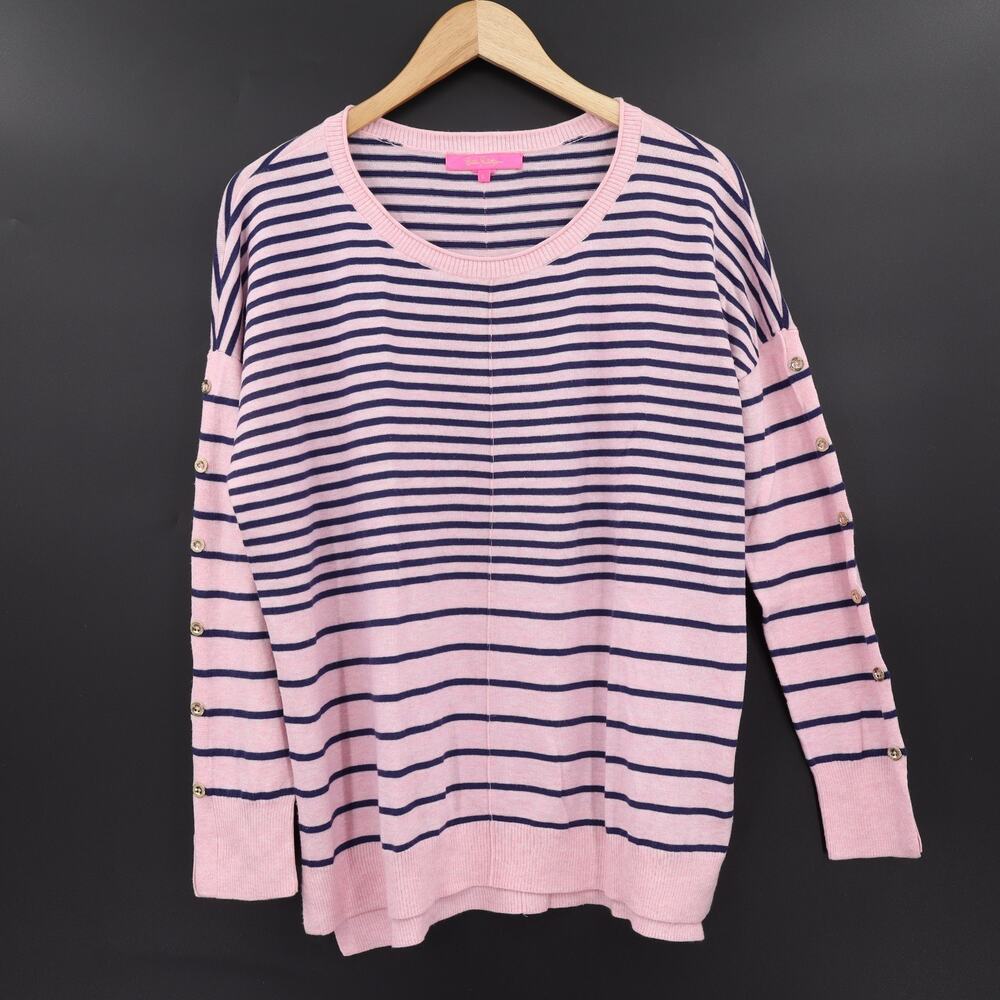 Lilly Pulitzer Women's Melanie Coolmax Black Stripe Sweater Pink Sz L